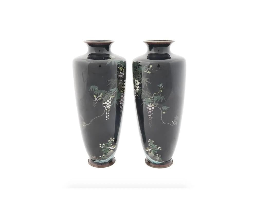 Pair of Antique Meiji Japanese Cloisonne Enamel Vases Blossoming Wisteria and Bi In Good Condition For Sale In New York, NY