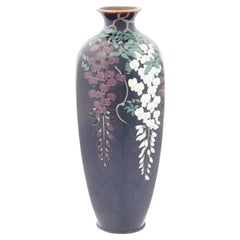 Large Antique Japanese Cloisonne Enamel Wisteria Vase