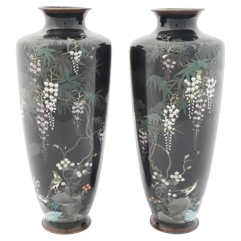 Pair of Antique Meiji Japanese Cloisonne Enamel Vases Blossoming Wisteria and Bi For Sale