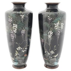 Antique Japanese Wisteria Cloisonne Enamel Vases