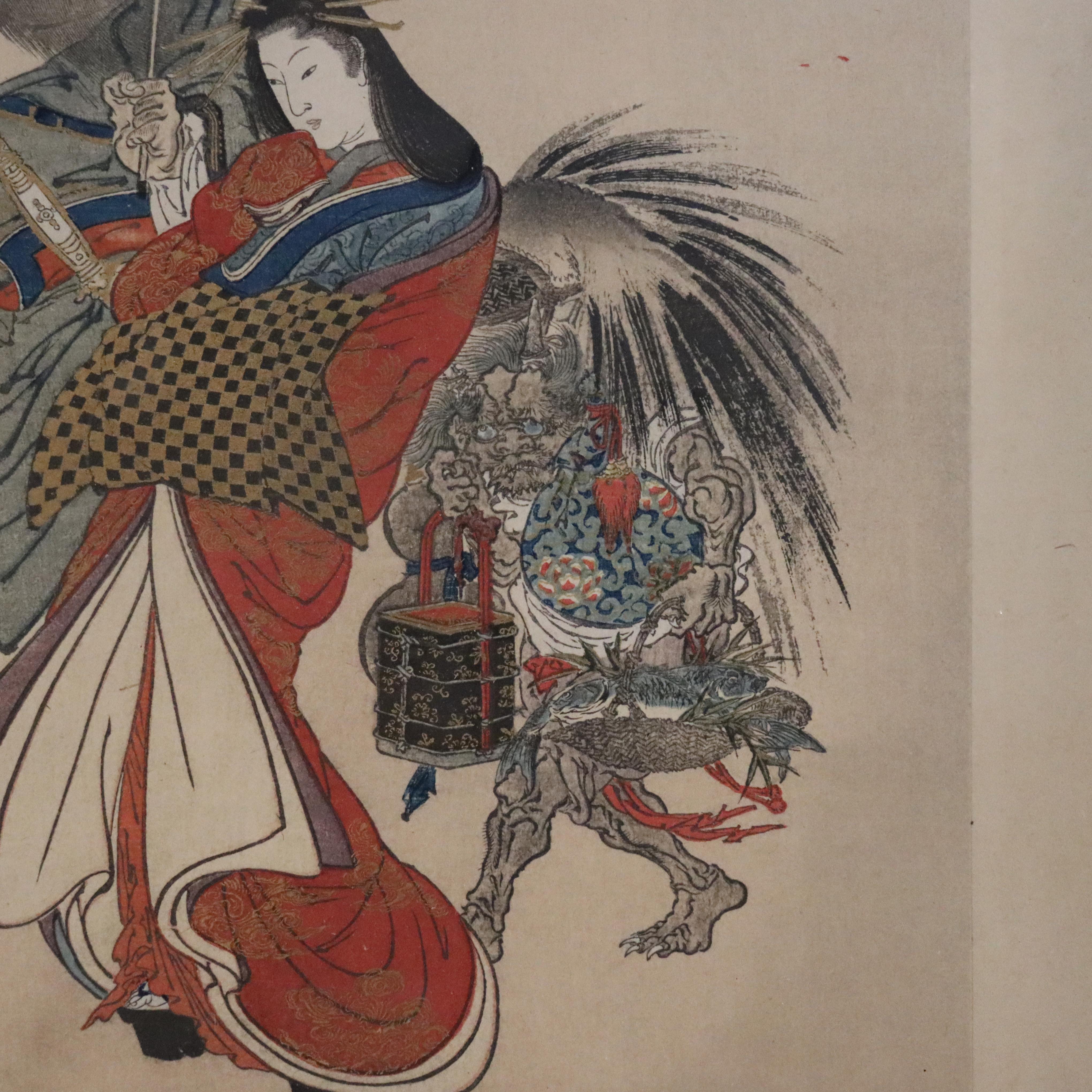 Ancienne gravure japonaise sur bois d'une geisha escortée par Shoki, vainqueur des démons Non signée 1920

Dimensions - 15 1/2