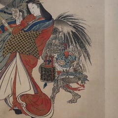 Antique Japanese Wood Block Print Of A Geisha Escorted By Shoki c1920