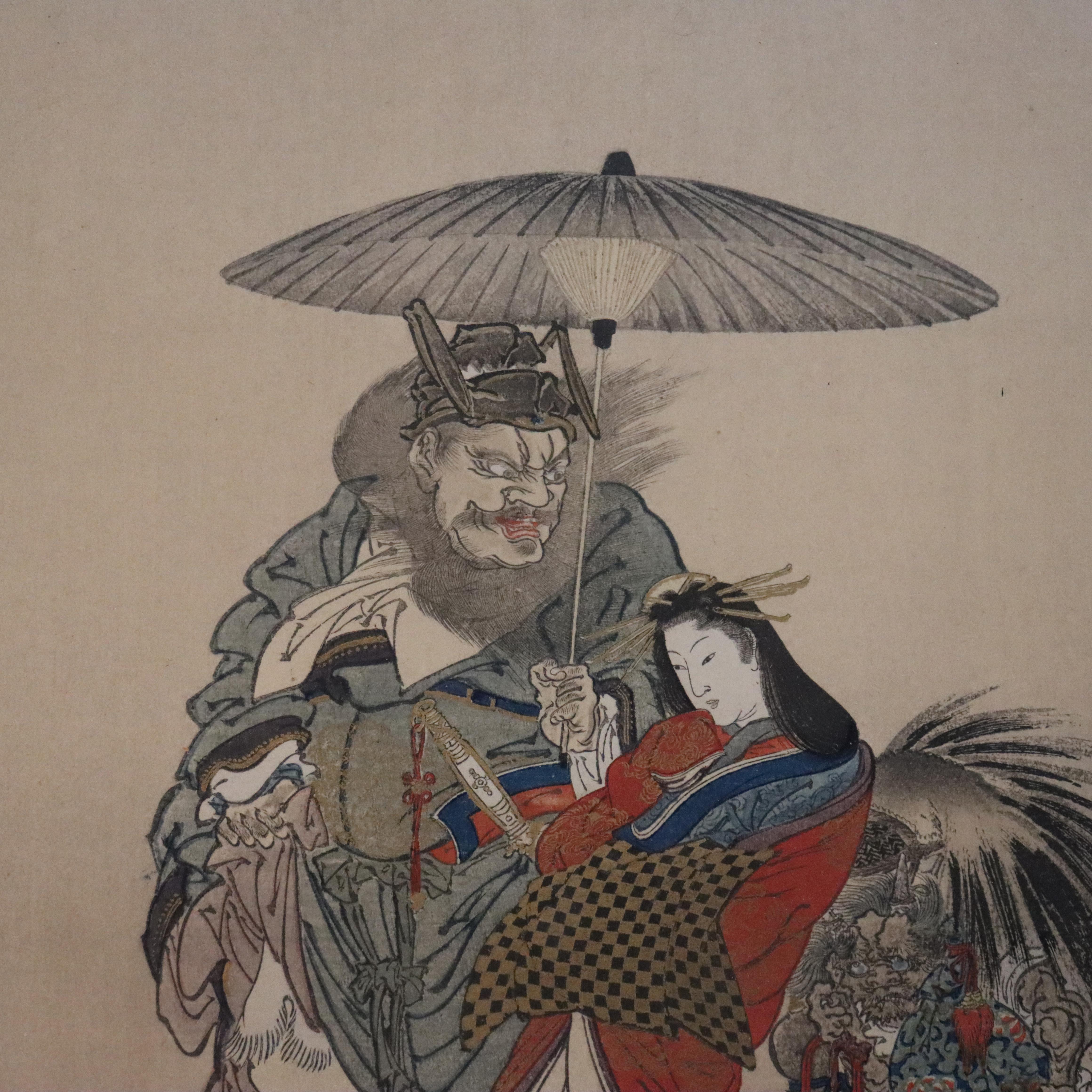 20ième siècle Ancienne gravure sur bois japonaise d'une geisha escortée par un shoki c1920 en vente