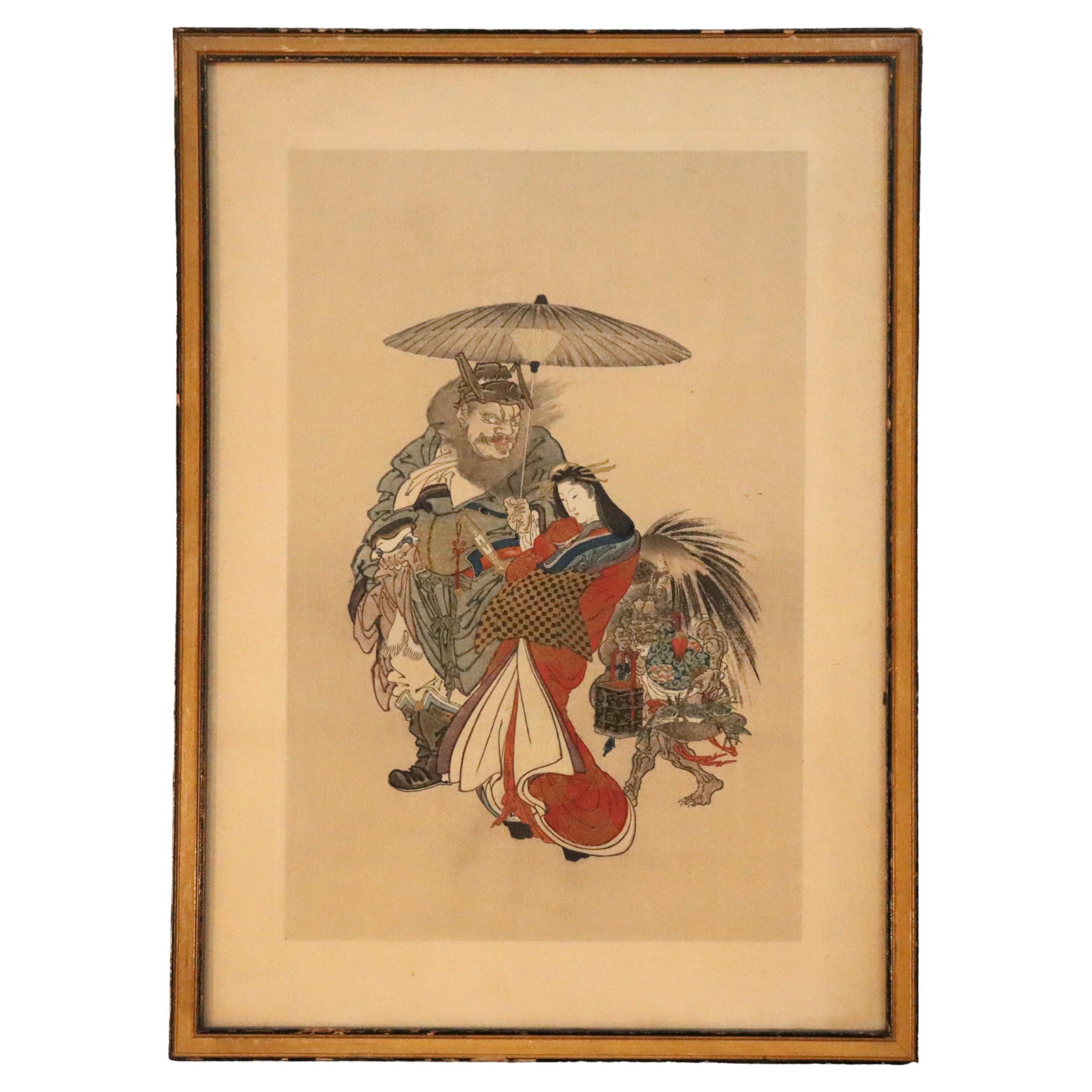 Ancienne gravure sur bois japonaise d
une geisha escortée par un shoki c1920
