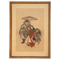 Antique Japanese Wood Block Print Of A Geisha Escorted By Shoki c1920
