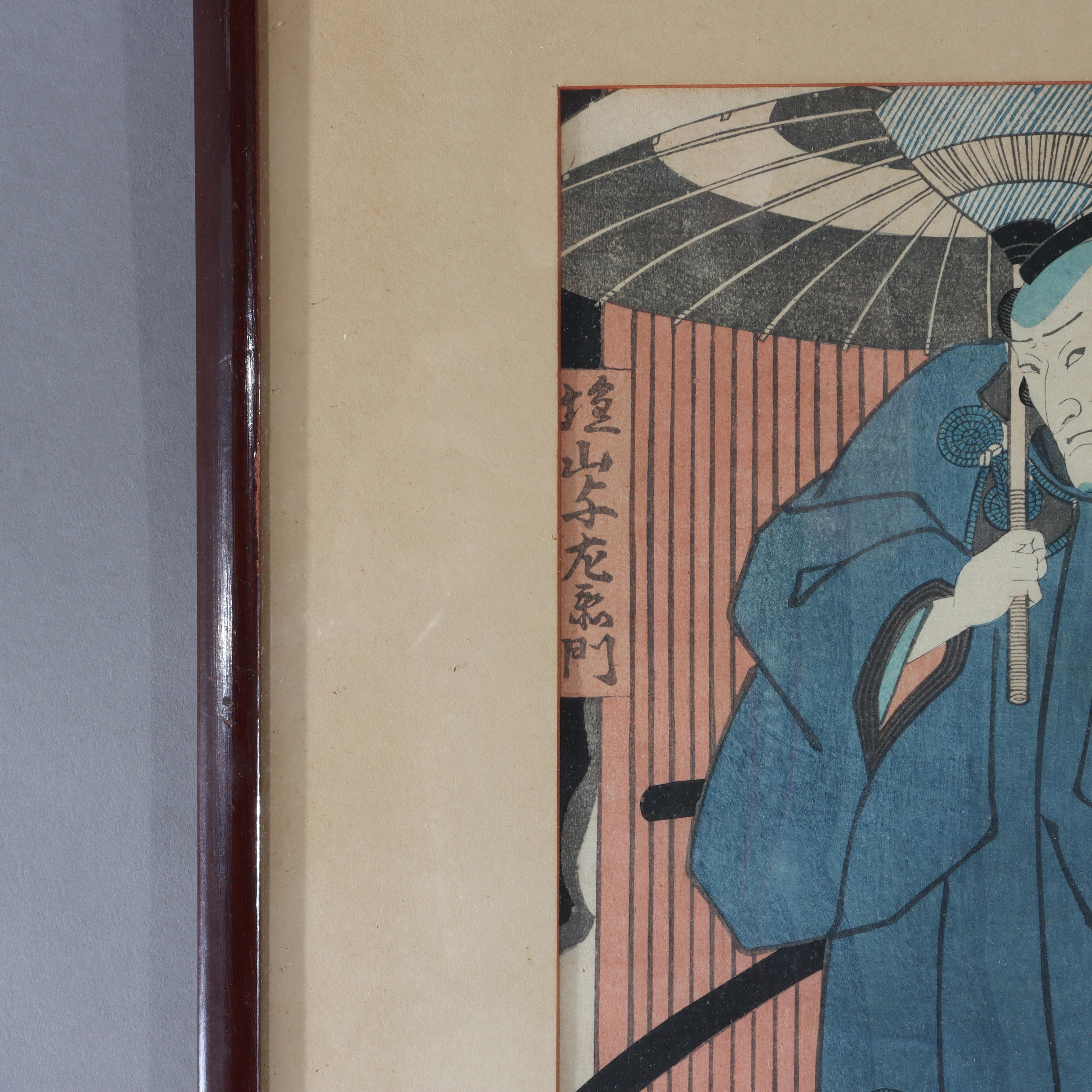 Ancienne gravure japonaise sur bois d'un acteur de Kabuki par Utagawa Kunisada 19ème siècle Bon état - En vente à Big Flats, NY