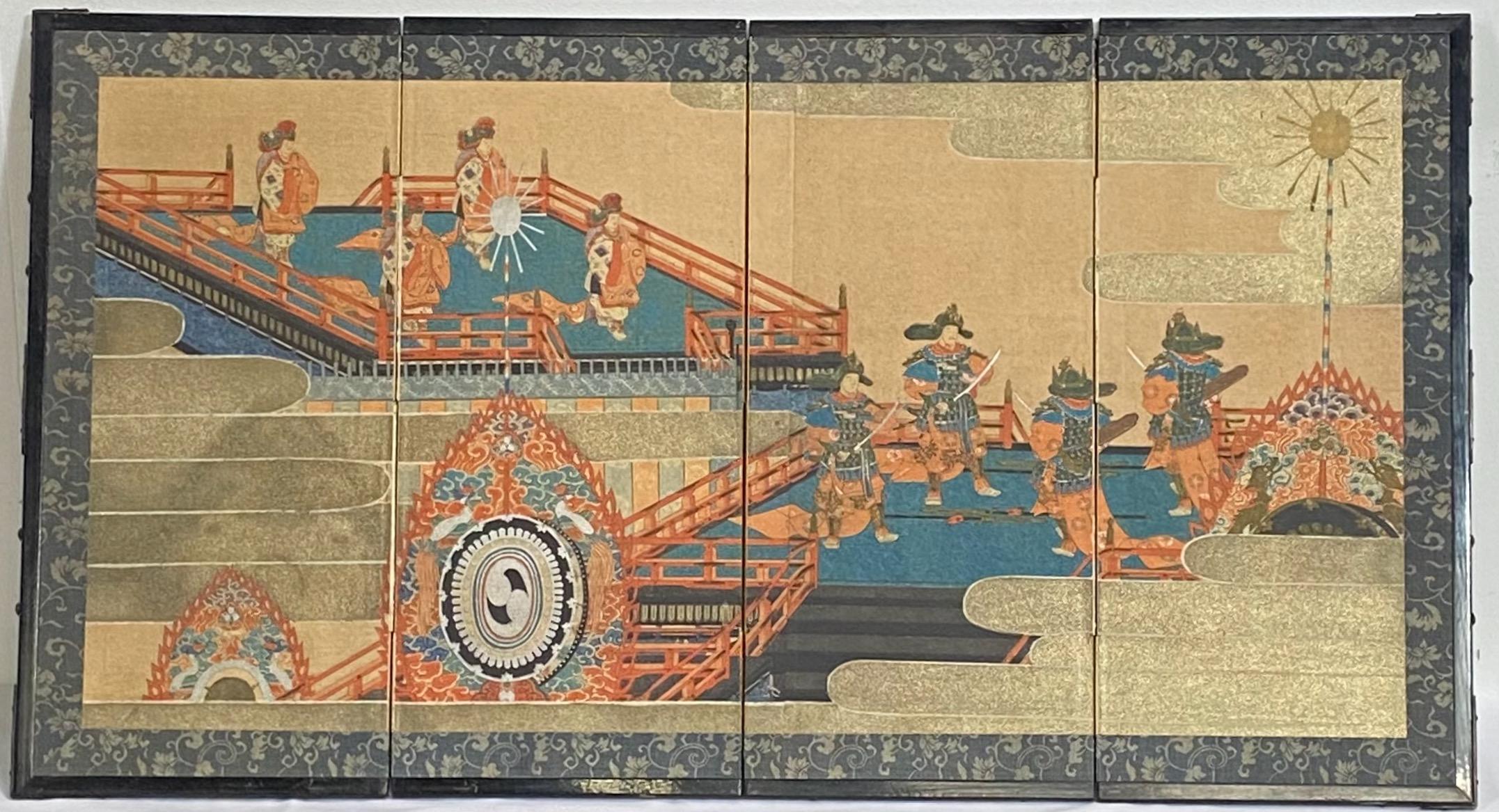 Paravent japonais ancien à quatre panneaux.
Impression sur papier.
Premier quart du 20e siècle.
Parfait pour être utilisé comme art mural.

