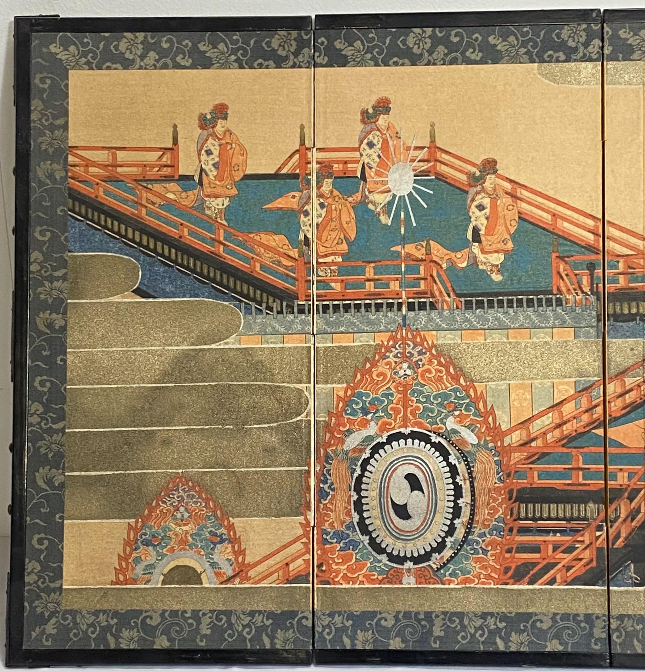 Meiji Antique Japanese Wood Block Printed Table Top Folding Screen For Sale