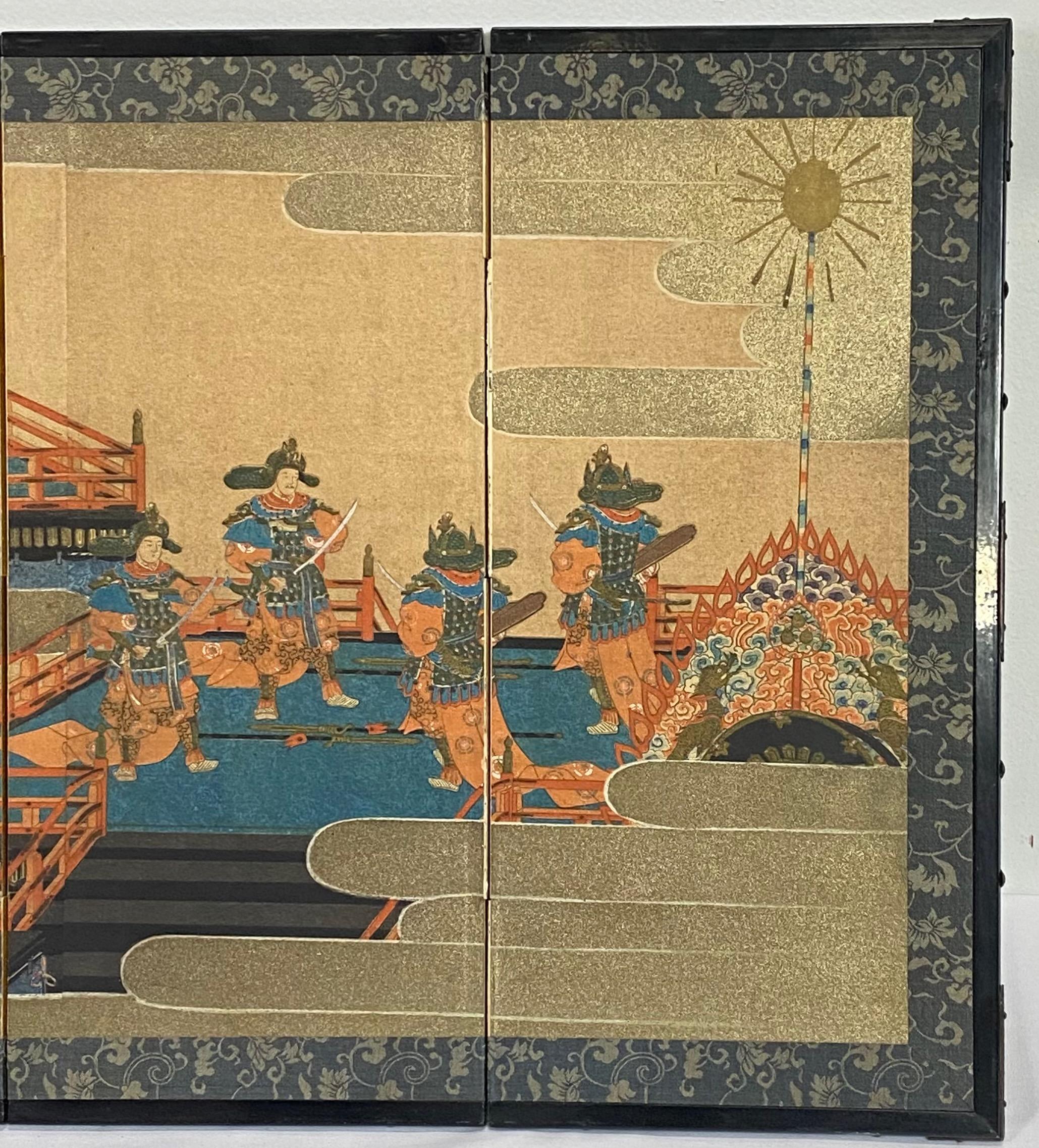 Antique Japanese Wood Block Printed Table Top Folding Screen In Good Condition For Sale In San Francisco, CA