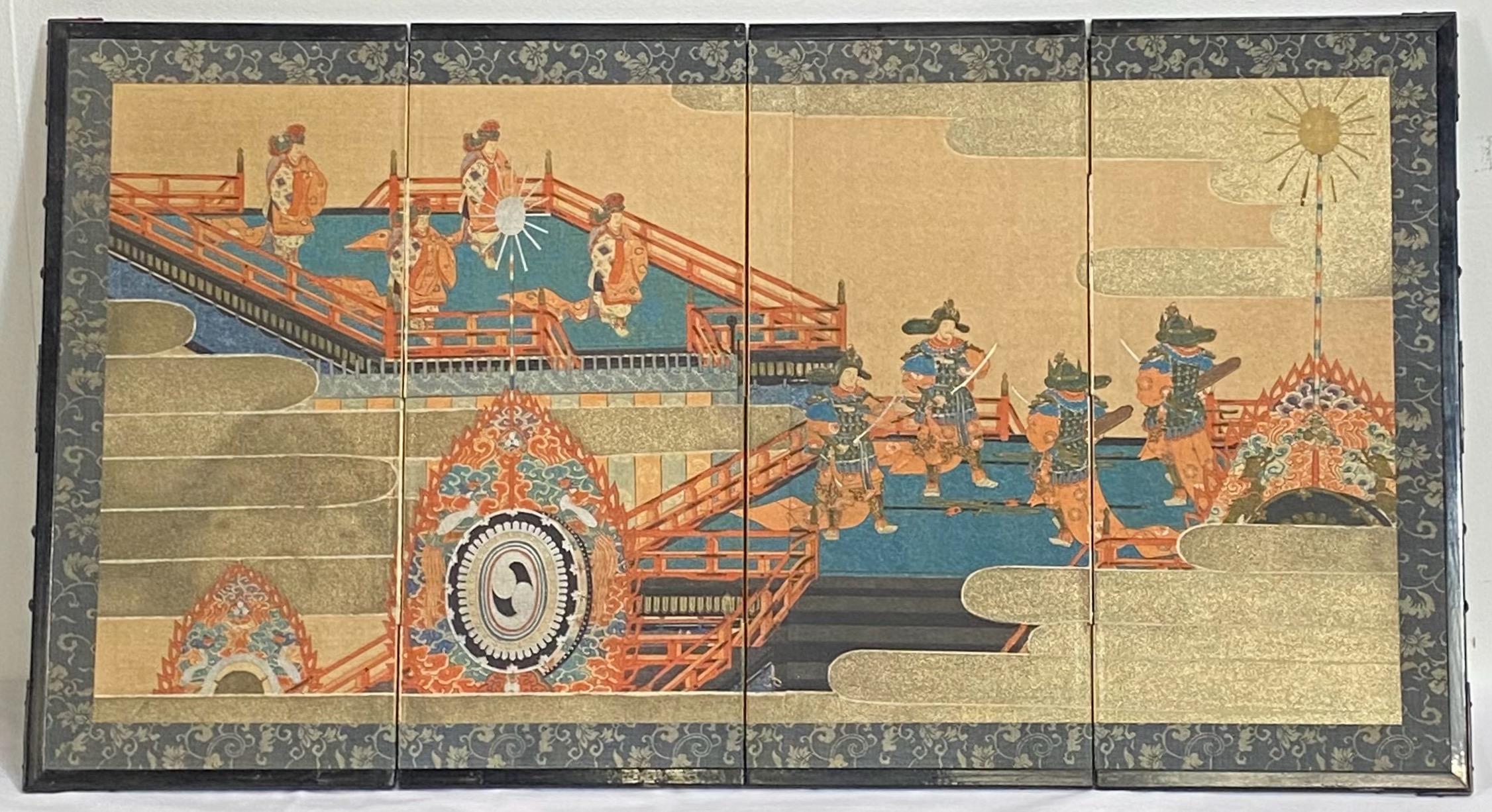 Paper Antique Japanese Wood Block Printed Table Top Folding Screen For Sale