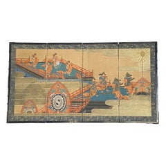 Antique Japanese Wood Block Printed Table Top Folding Screen