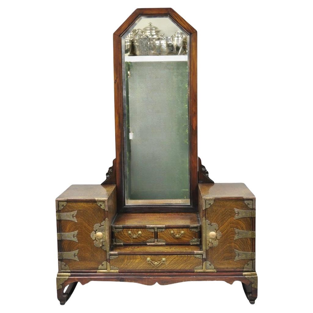 Antique Japanese Wood & Brass Small Low Kyodai Vanity Dressing Table with Mirror