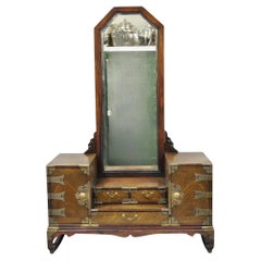 Used Japanese Wood & Brass Small Low Kyodai Vanity Dressing Table with Mirror