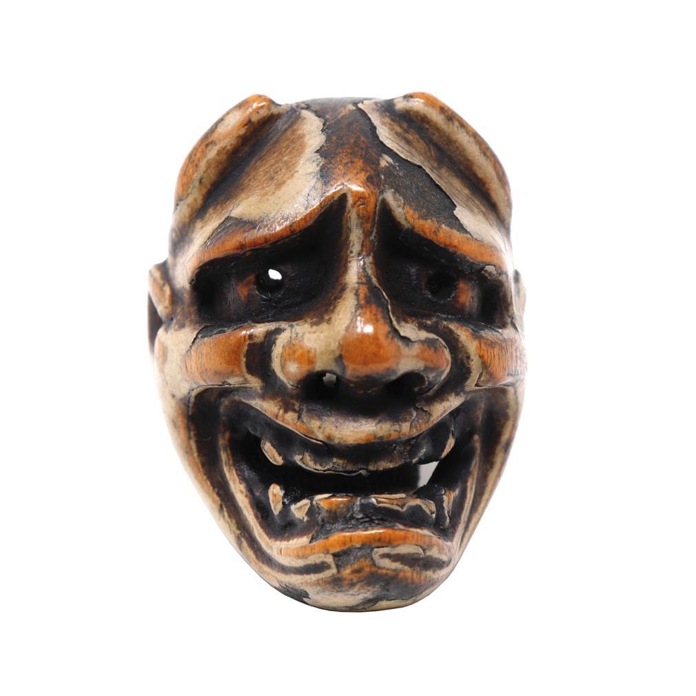 Edo Antique Japanese Wood Miniature Mask Netsuke For Sale