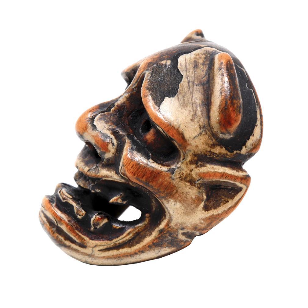 Hand-Carved Antique Japanese Wood Miniature Mask Netsuke For Sale