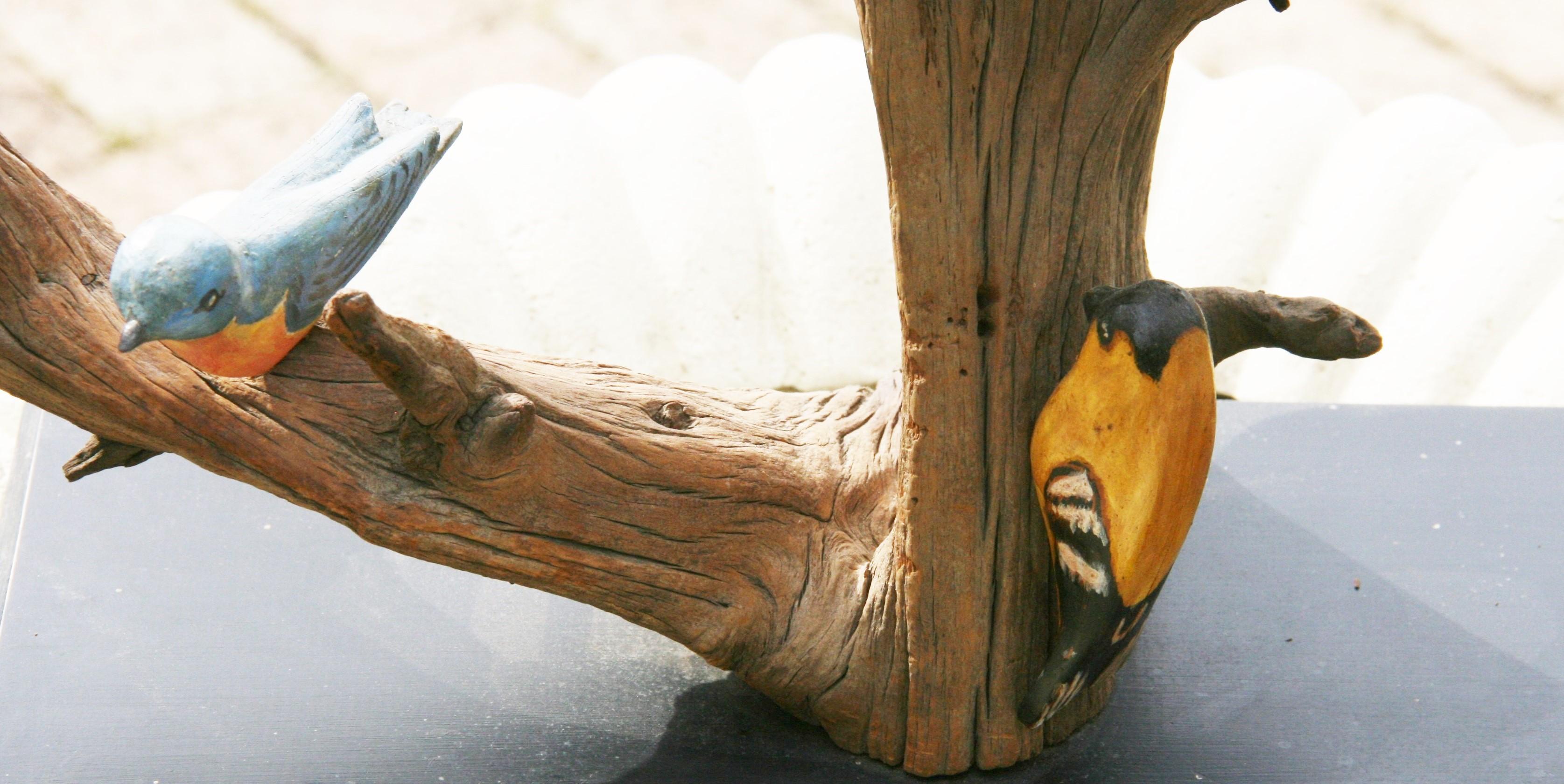 Antique American  Wood Tree Sculpture with Hand Carved and Painted Birds For Sale 9