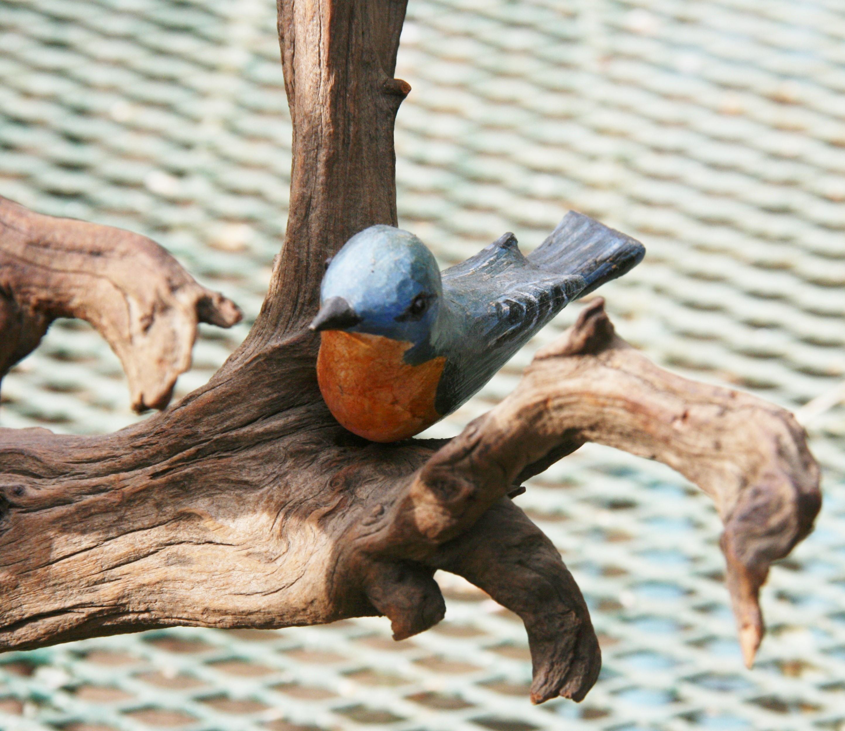 Early 20th Century Antique American  Wood Tree Sculpture with Hand Carved and Painted Birds For Sale