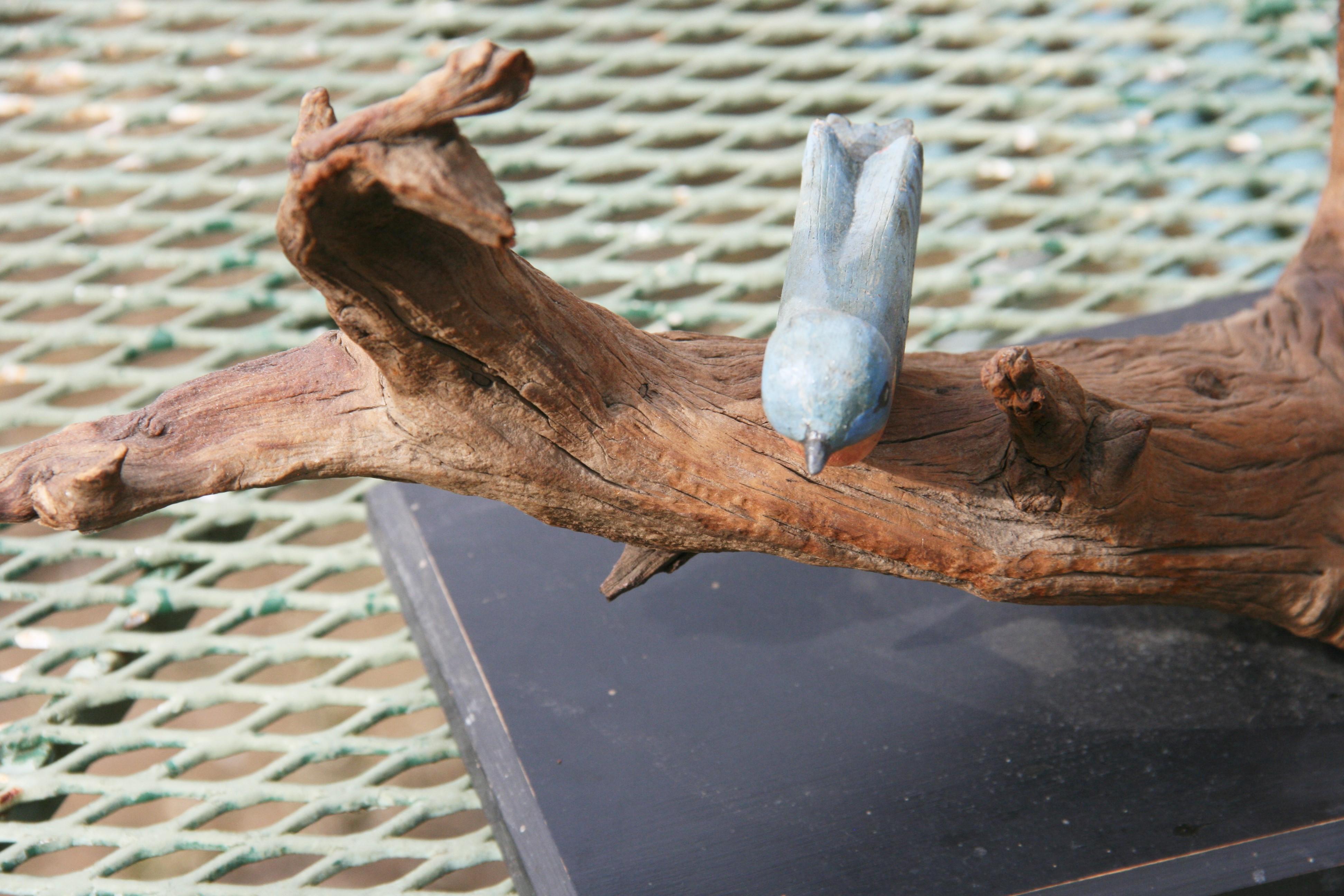 Antique American  Wood Tree Sculpture with Hand Carved and Painted Birds For Sale 1