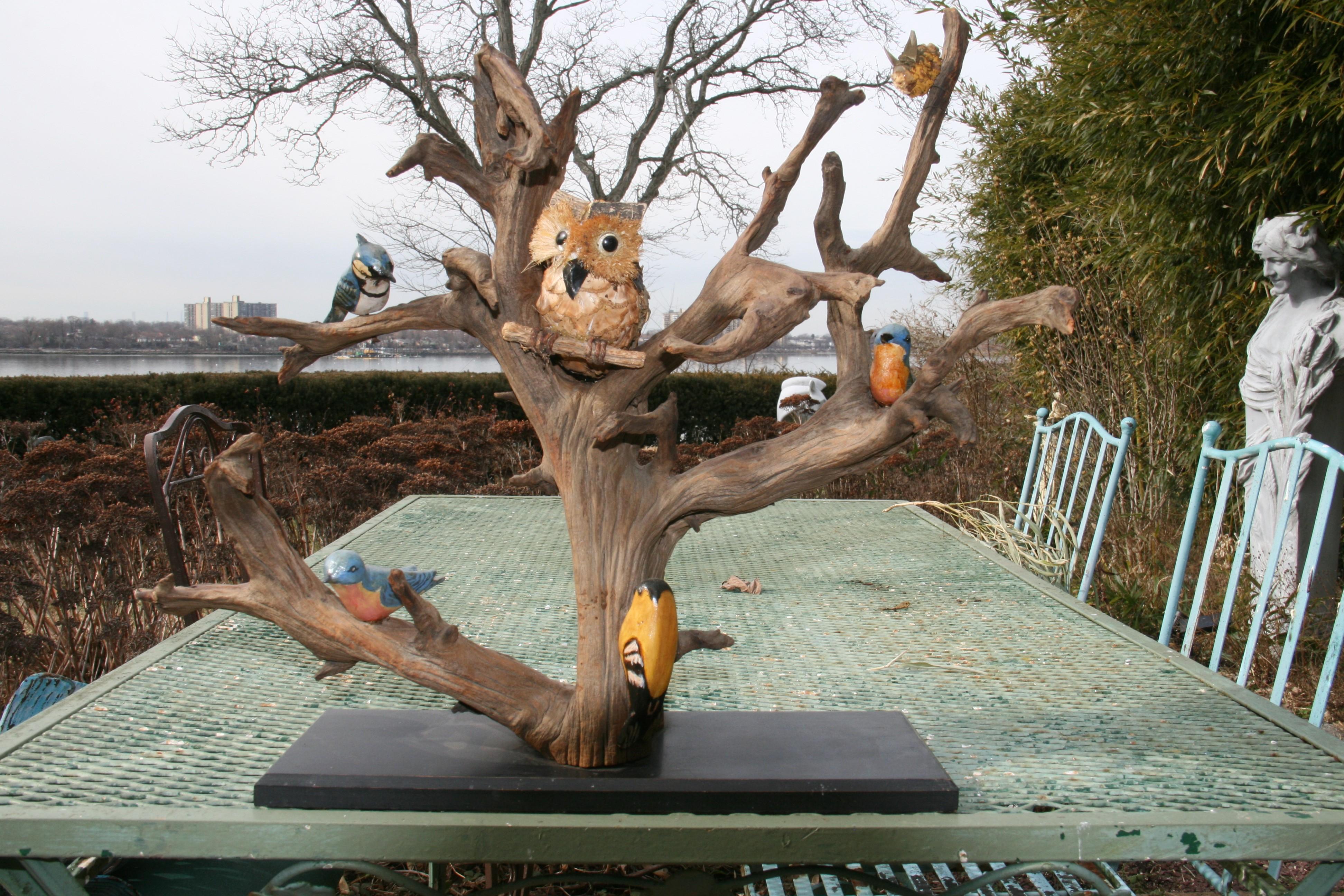 Antique American  Wood Tree Sculpture with Hand Carved and Painted Birds For Sale 2