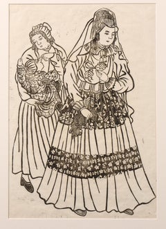 Antique Japanese Woodblock - Dutch Lady with Child and Servant - Meiji Period