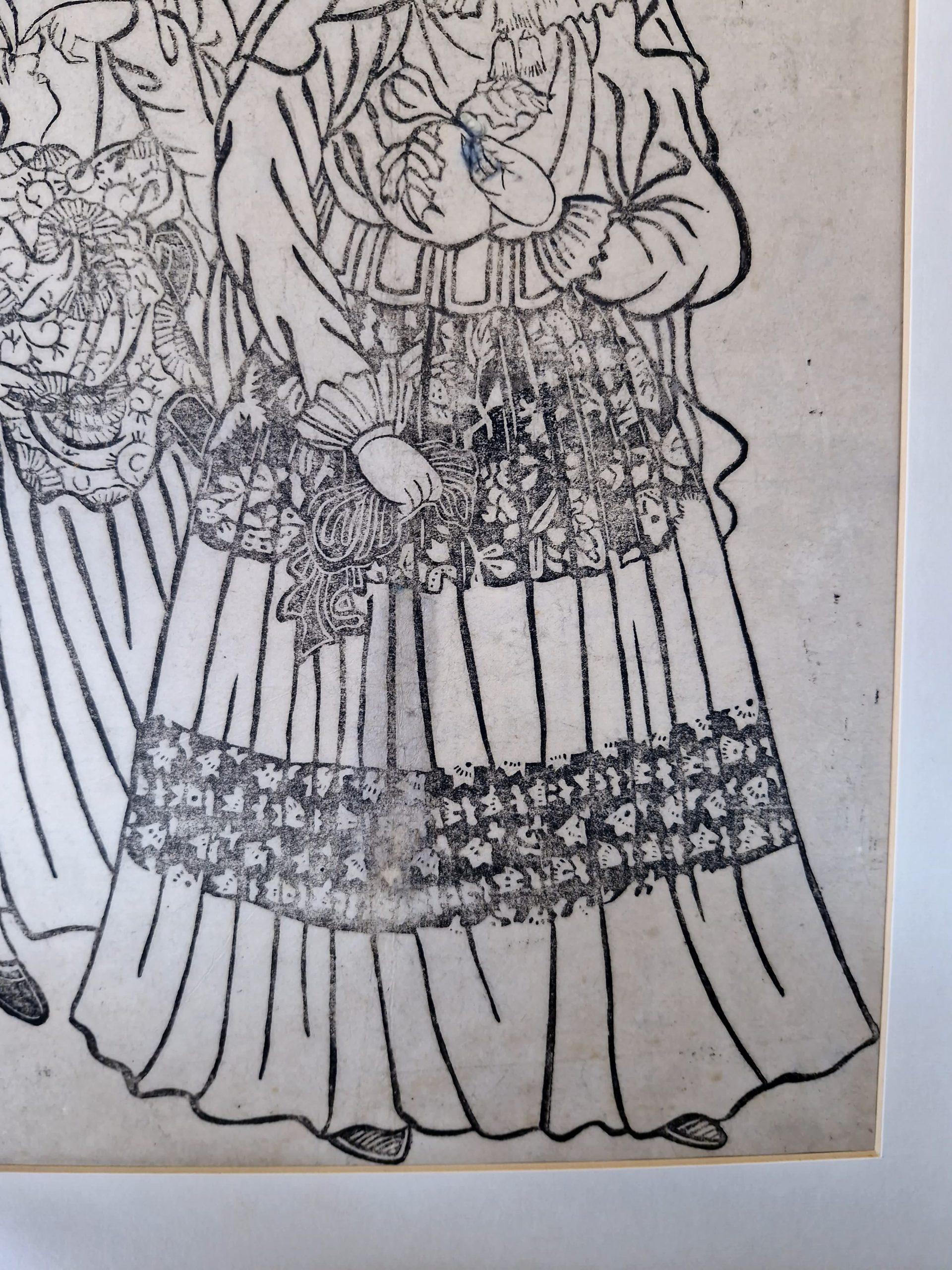 Antique Japanese Woodblock - Dutch Lady with Child and Servant - Meiji Period In Good Condition For Sale In Amsterdam, Noord Holland