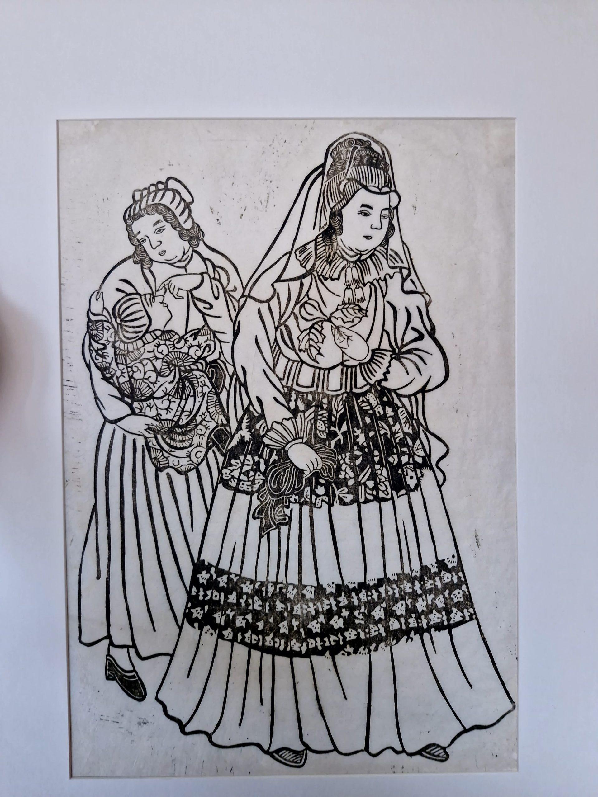 19th Century Antique Japanese Woodblock - Dutch Lady with Child and Servant - Meiji Period For Sale