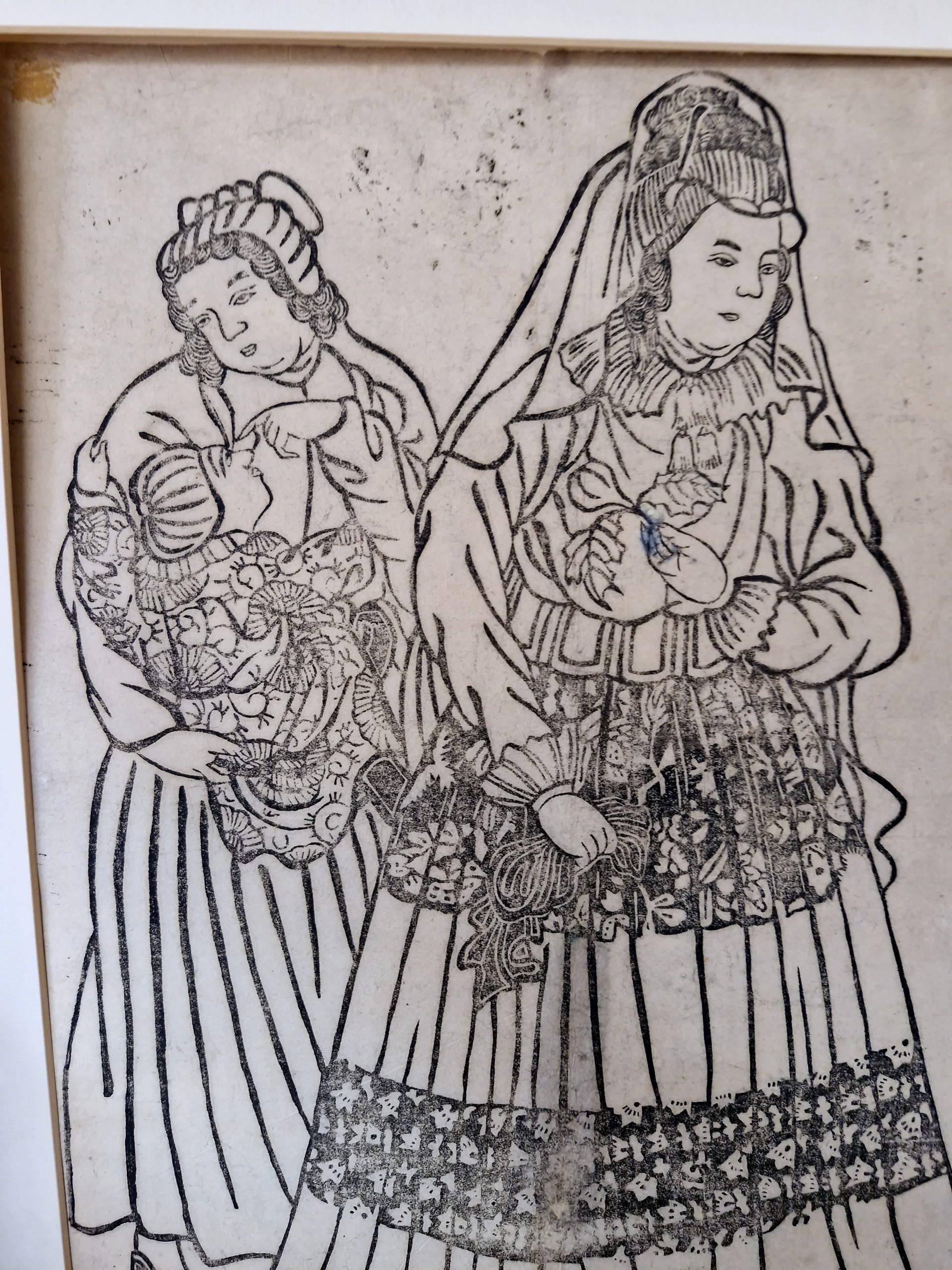 19th Century Antique Japanese Woodblock - Dutch Lady with Child and Servant - Meiji Period For Sale