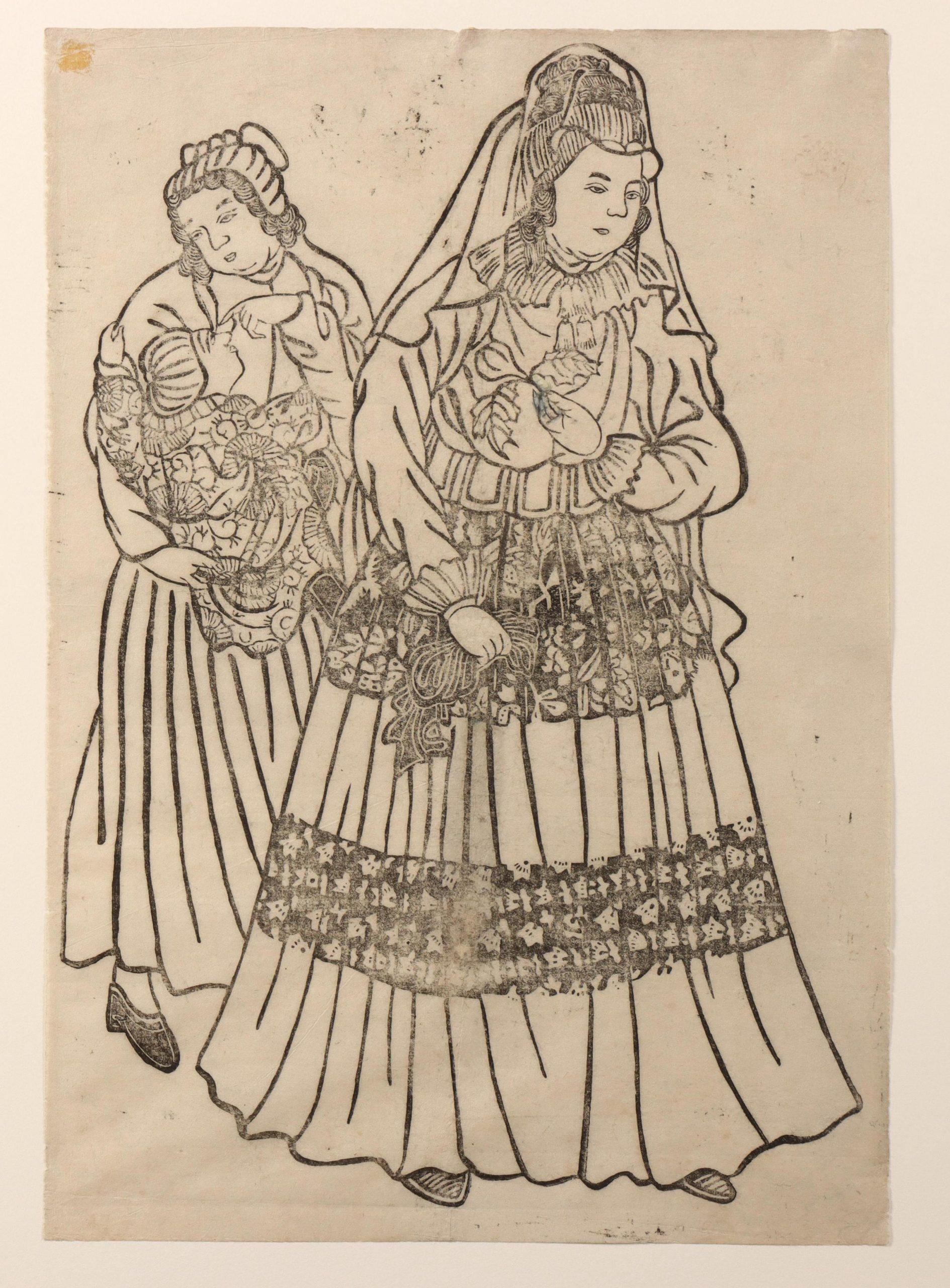 Paper Antique Japanese Woodblock - Dutch Lady with Child and Servant - Meiji Period For Sale