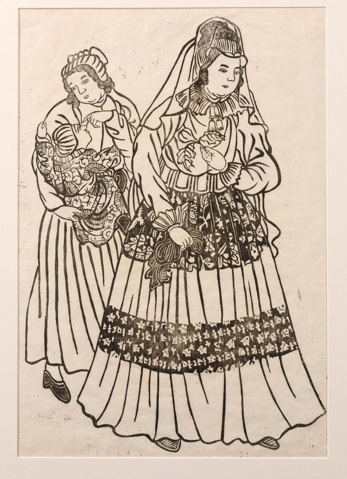 Antique Japanese Woodblock - Dutch Lady with Child and Servant - Meiji Period For Sale 3