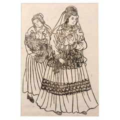 Antiker japanischer Holzschnitt – niederländische Dame mit Kind und Diener – Meiji-Periode