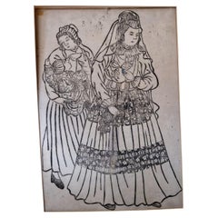 Antiker japanischer Holzschnitt – niederländische Dame mit Kind und Diener – Meiji-Periode