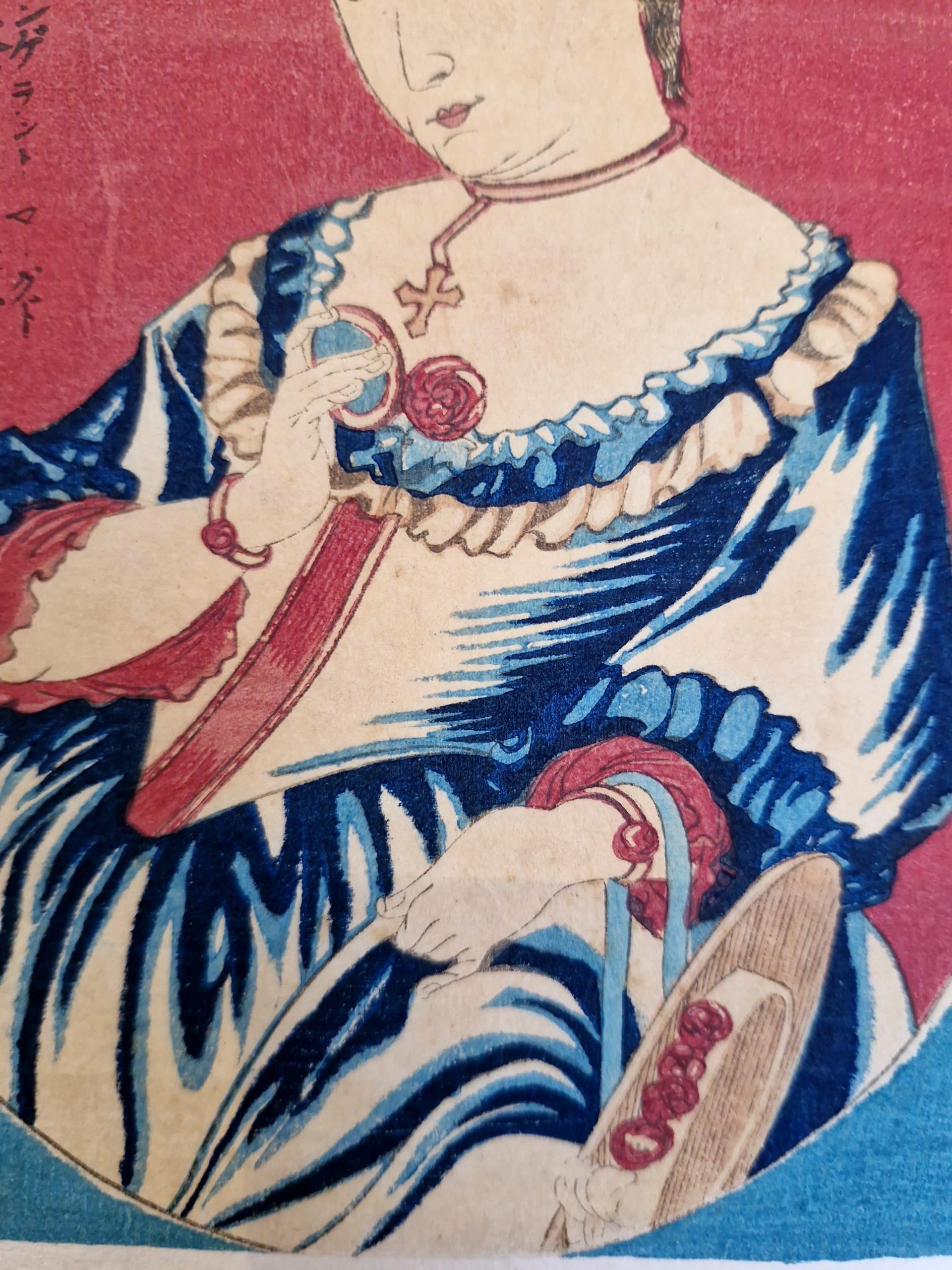 Cloisonné Antico Woodblock giapponese - Signora inglese - Periodo Meiji in vendita