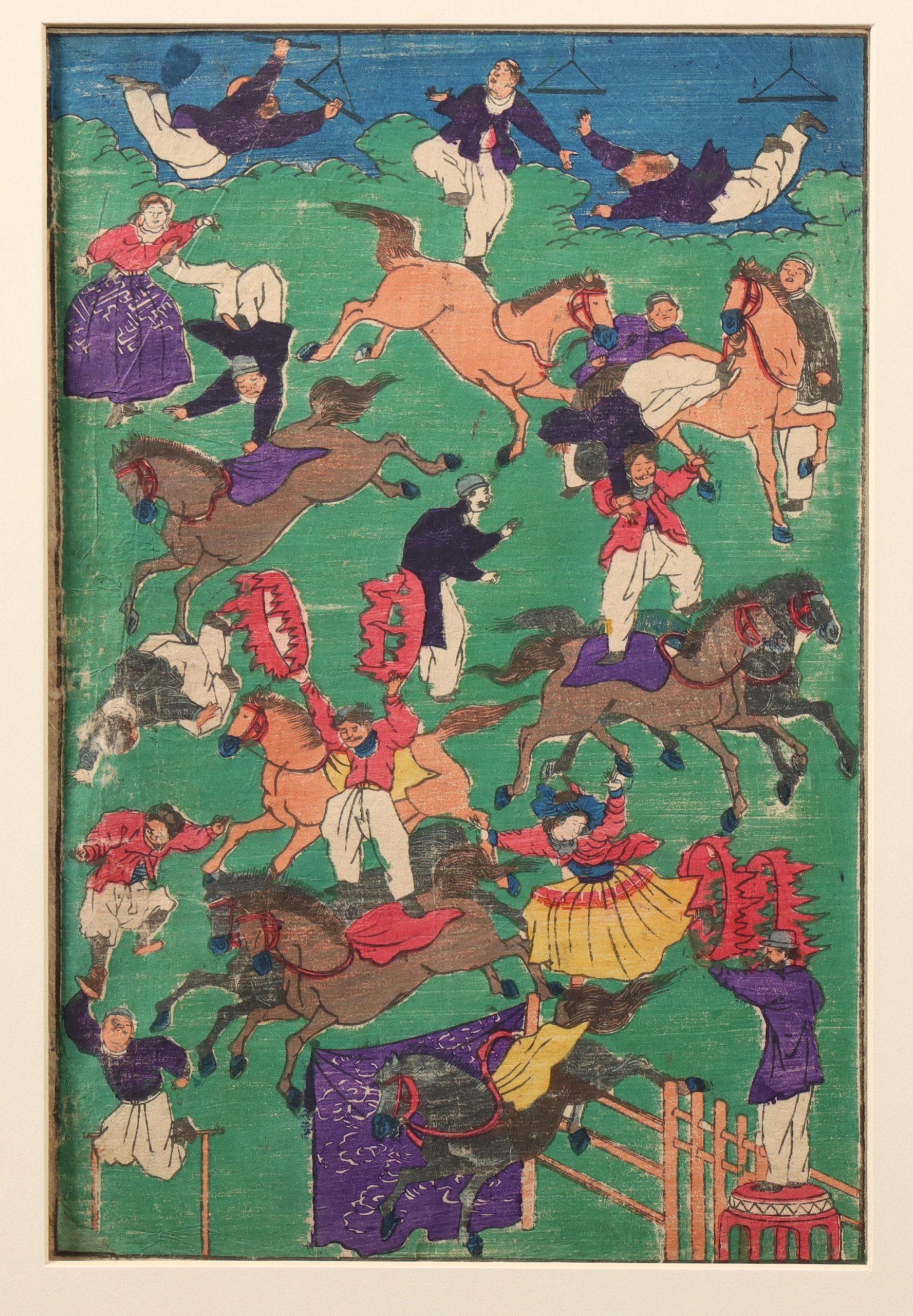 Paper Antique Japanese Woodblock - Kuniteru ll - French Equestrian Circus For Sale