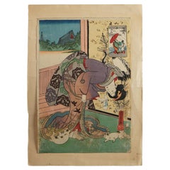 Antique Japanese Woodblock Print by Kunisada , Genre with a Woman & Cat, C1920