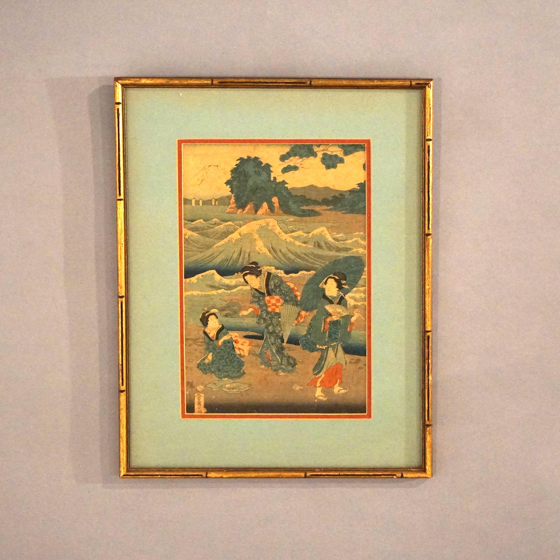 Antique Japanese Woodblock Print by Sadatora, Exterior Genre Scene in Bamboo Form Giltwood Frame, C1920

Measures - 20.5