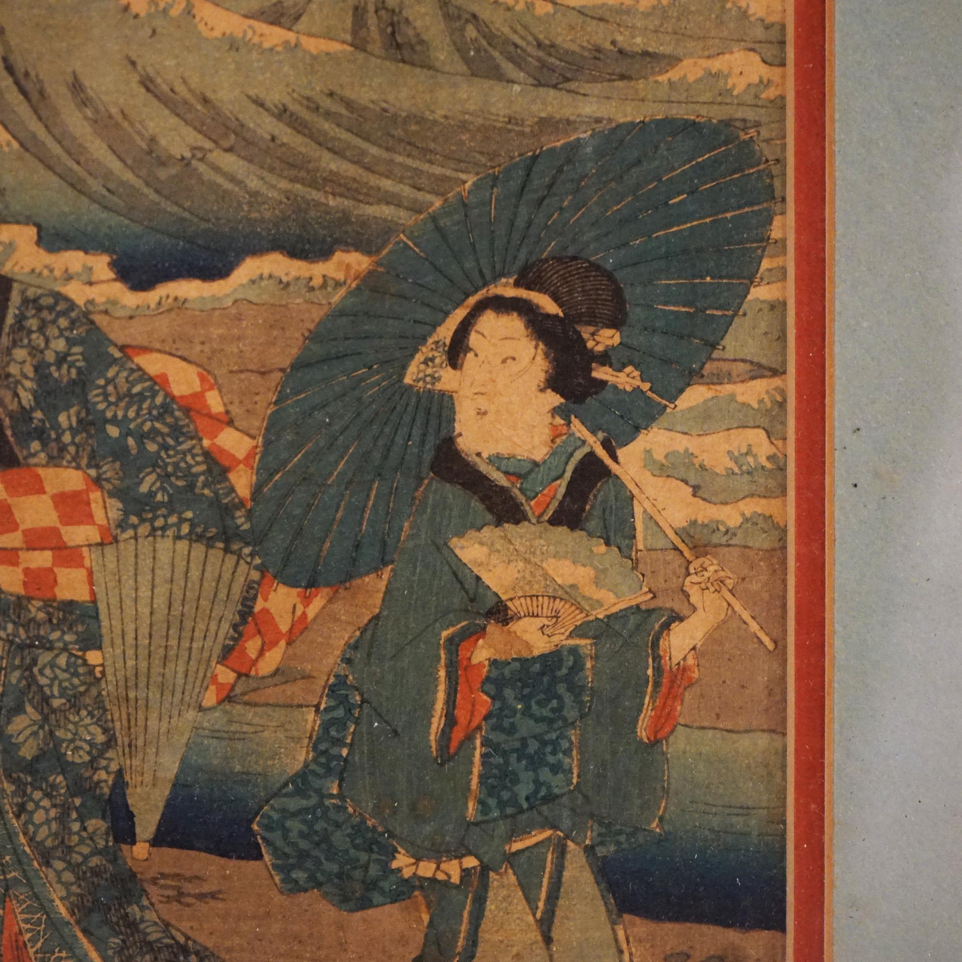Antique Japanese Woodblock Print by Sadatora, Exterior Genre Scene, C1920 In Good Condition For Sale In Big Flats, NY