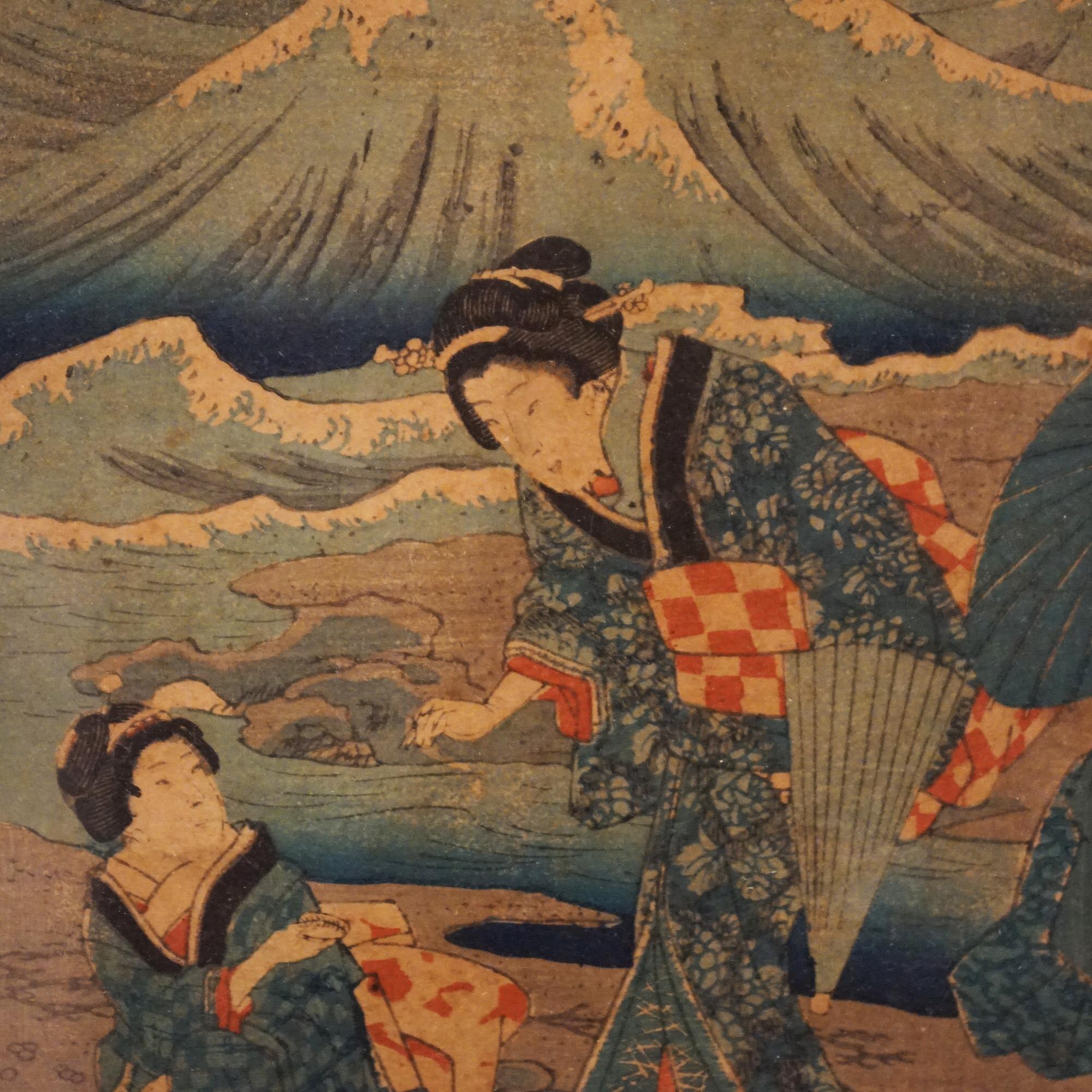 20th Century Antique Japanese Woodblock Print by Sadatora, Exterior Genre Scene, C1920 For Sale