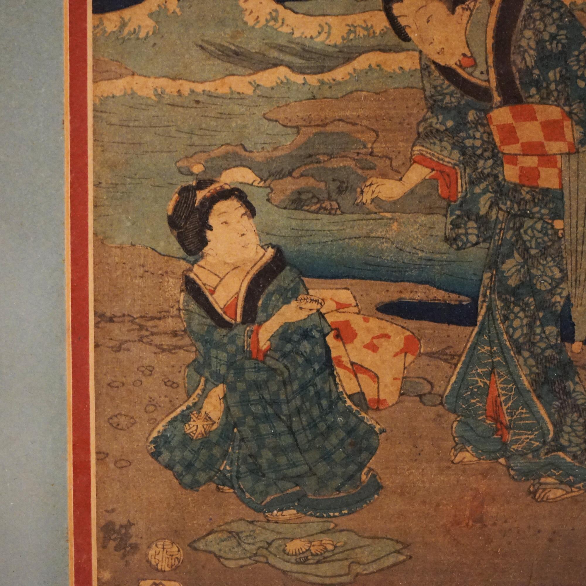 Paper Antique Japanese Woodblock Print by Sadatora, Exterior Genre Scene, C1920 For Sale