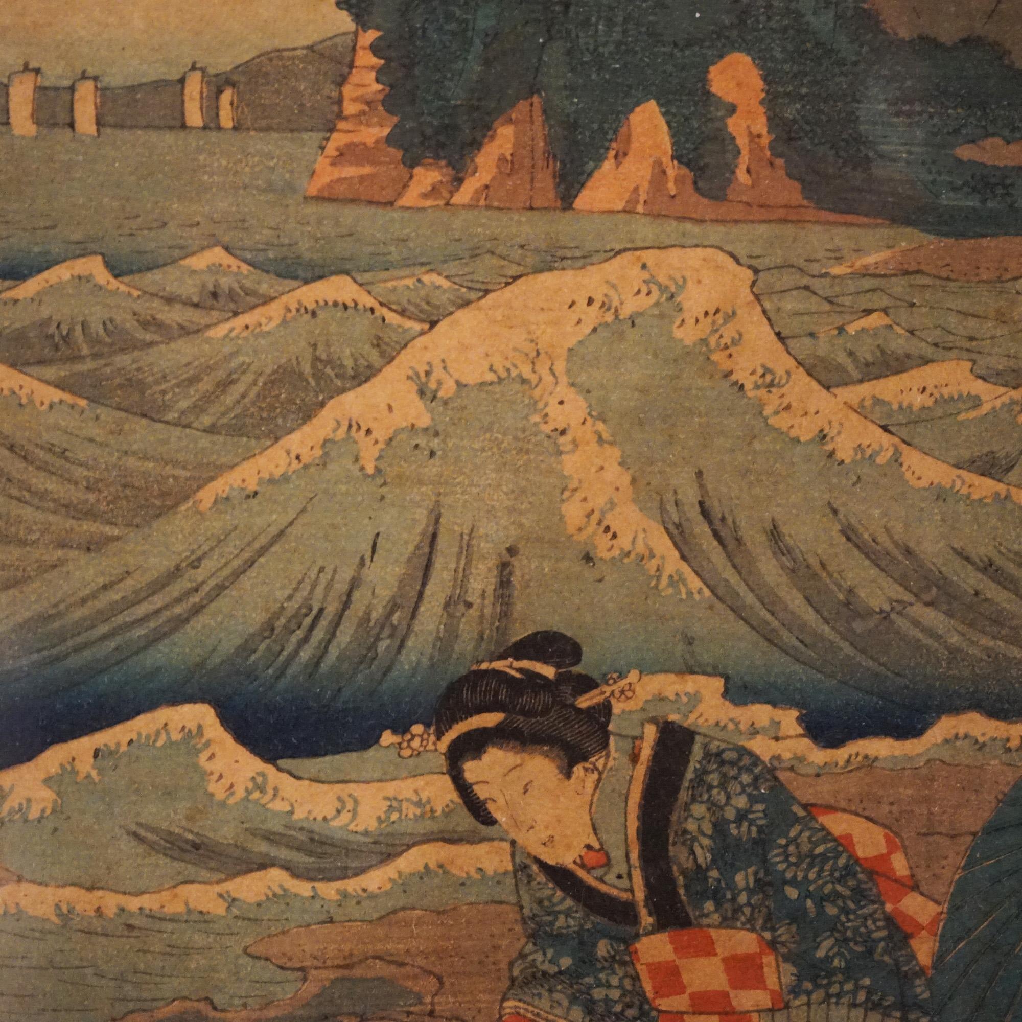 Antique Japanese Woodblock Print by Sadatora, Exterior Genre Scene, C1920 For Sale 1