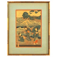 Antique Japanese Woodblock Print by Sadatora, Exterior Genre Scene, C1920