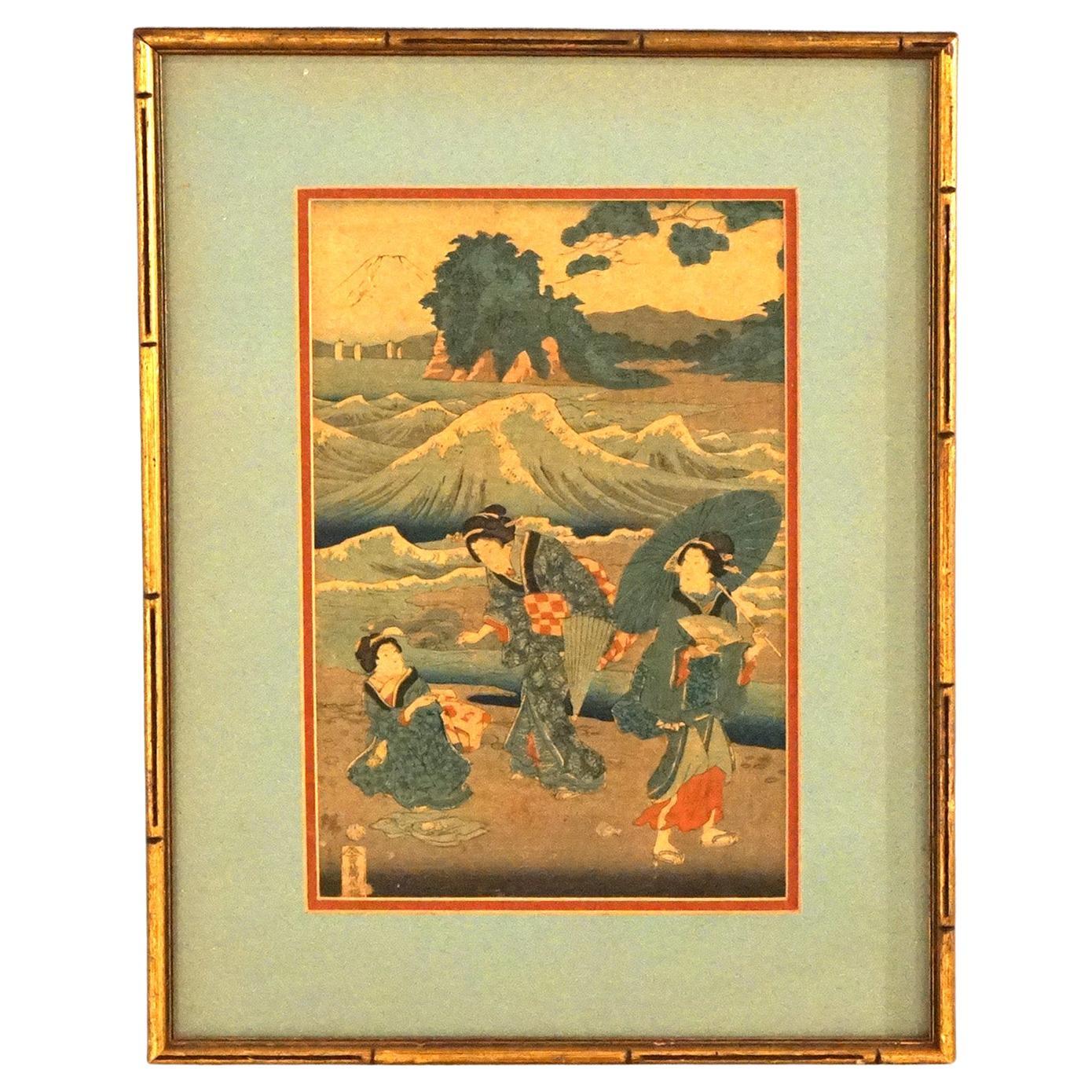 Stampa antica giapponese su blocco di legno di Sadatora, Scena di genere esterna, 1920 ca.