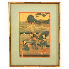 Antiker japanischer Holzschnitt von Sadatora, Außen-Genre-Szene, um 1920