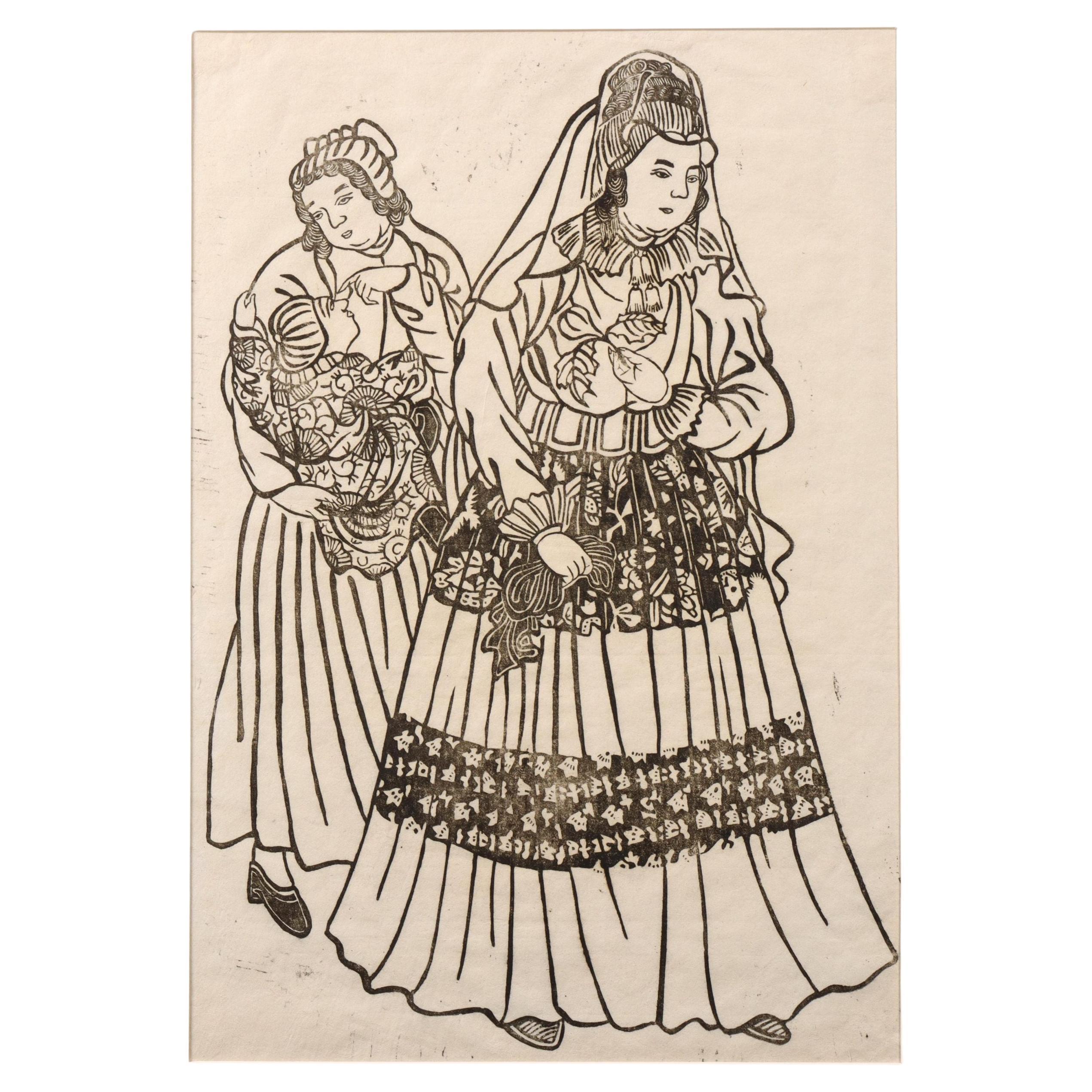 Antique Japanese Woodblock Print, Dutch Lady with Child and Servant