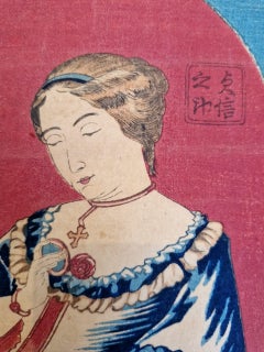 Antique Japanese Woodblock Print, English Lady, Meiji Period