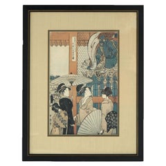 Antiker japanischer Holzschnitt mit Holzschnitt, gerahmt, um 1920