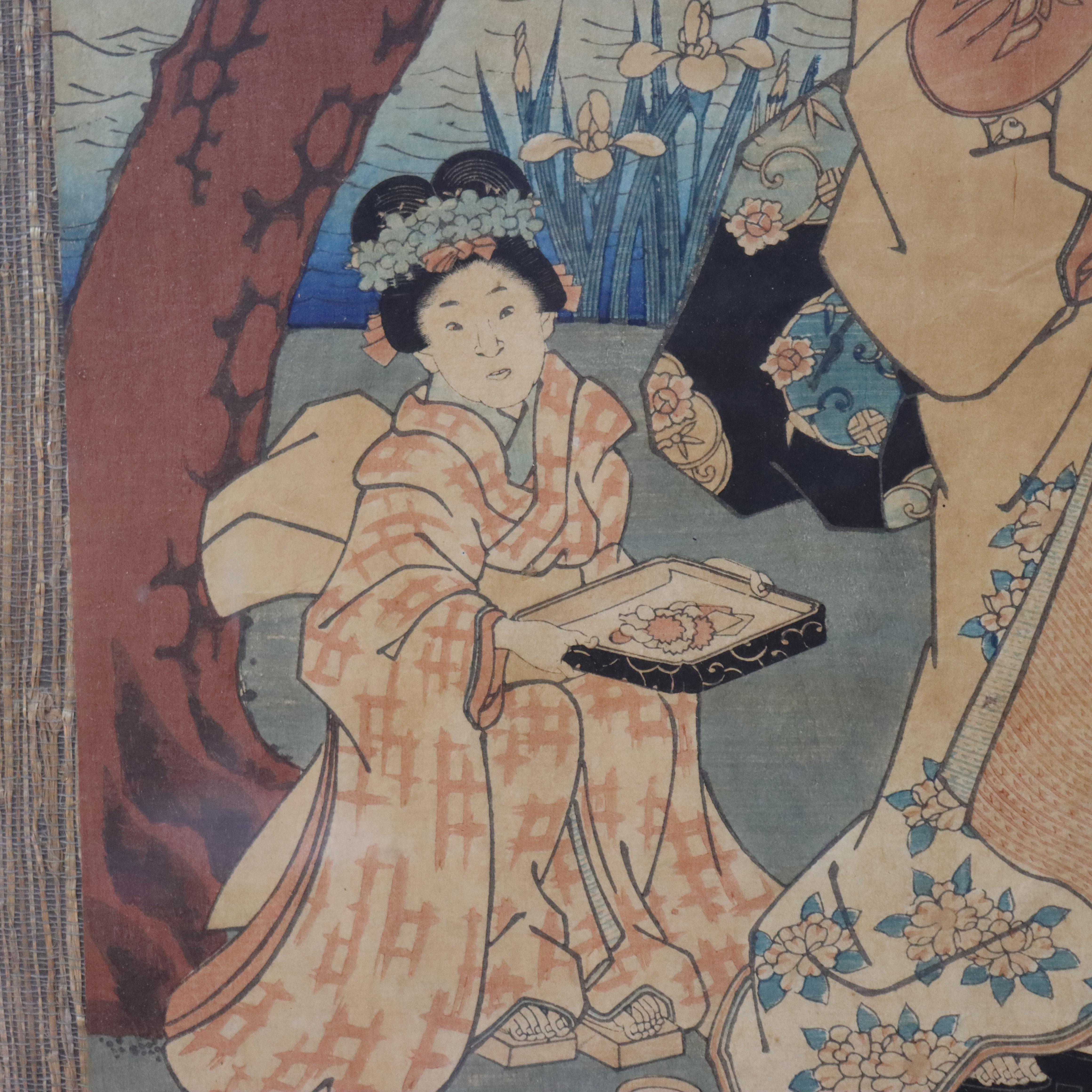 Ancienne gravure sur bois japonaise de 2 femmes signée par Utagawa Kurisa Bon état - En vente à Big Flats, NY