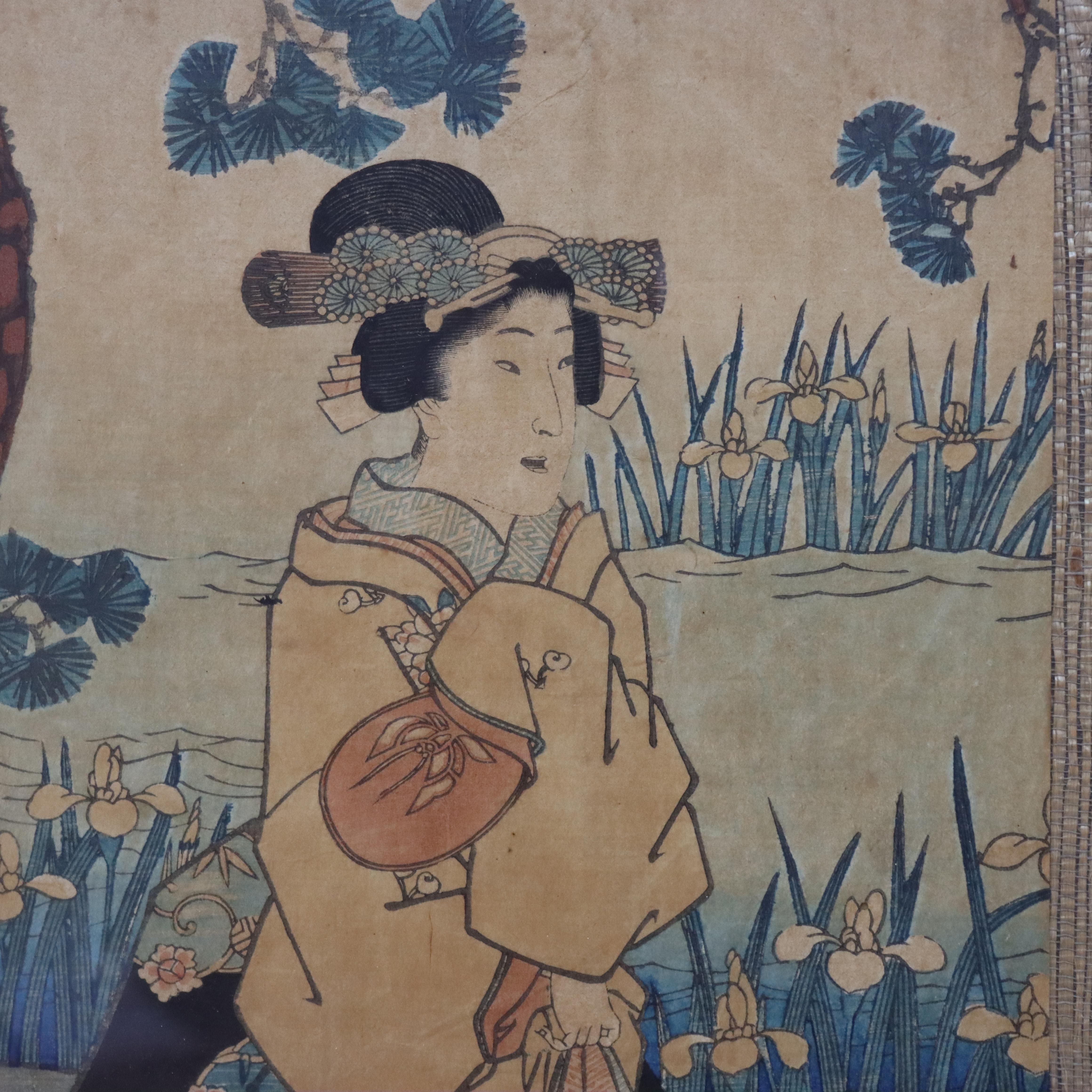 XIXe siècle Ancienne gravure sur bois japonaise de 2 femmes signée par Utagawa Kurisa en vente