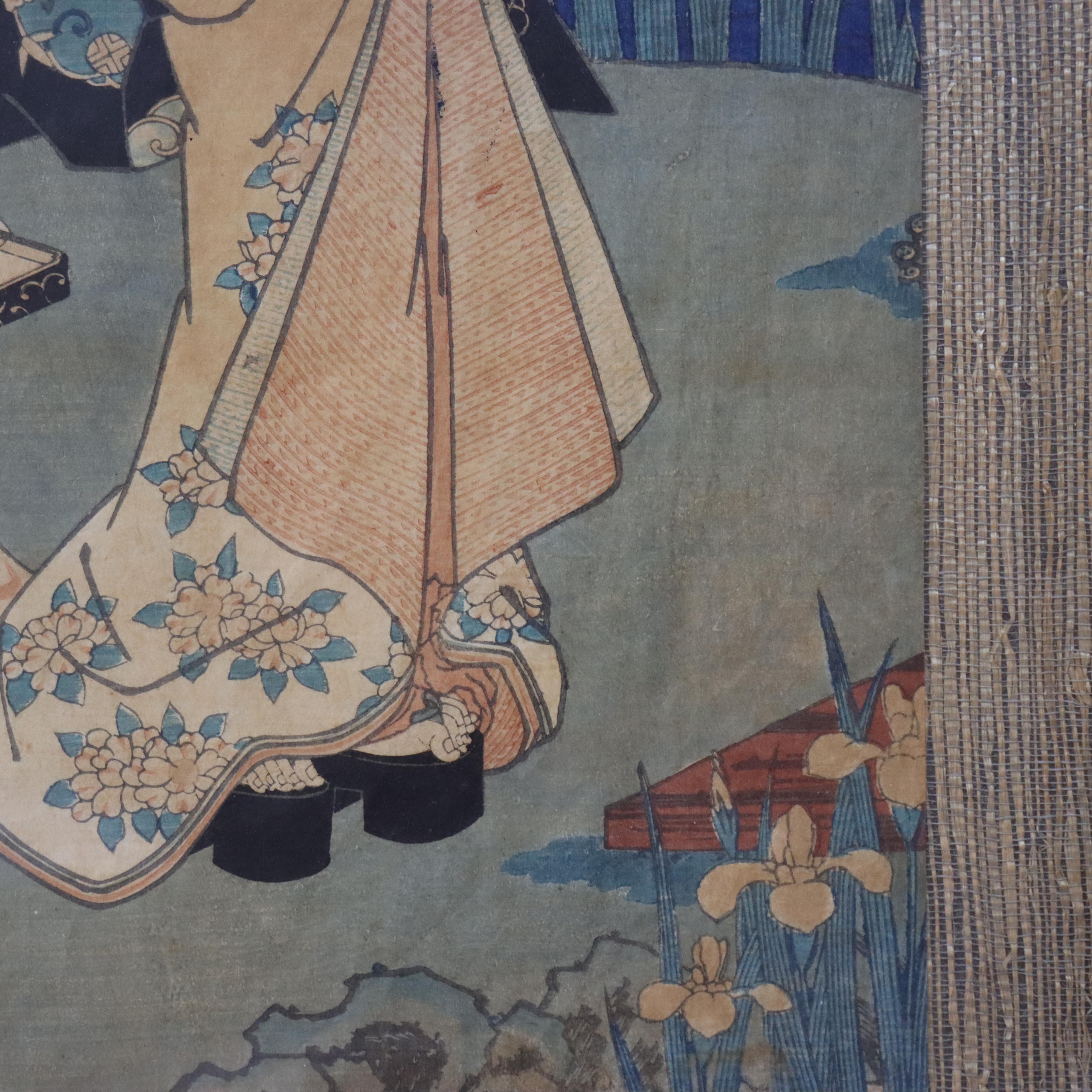 Papier Ancienne gravure sur bois japonaise de 2 femmes signée par Utagawa Kurisa en vente