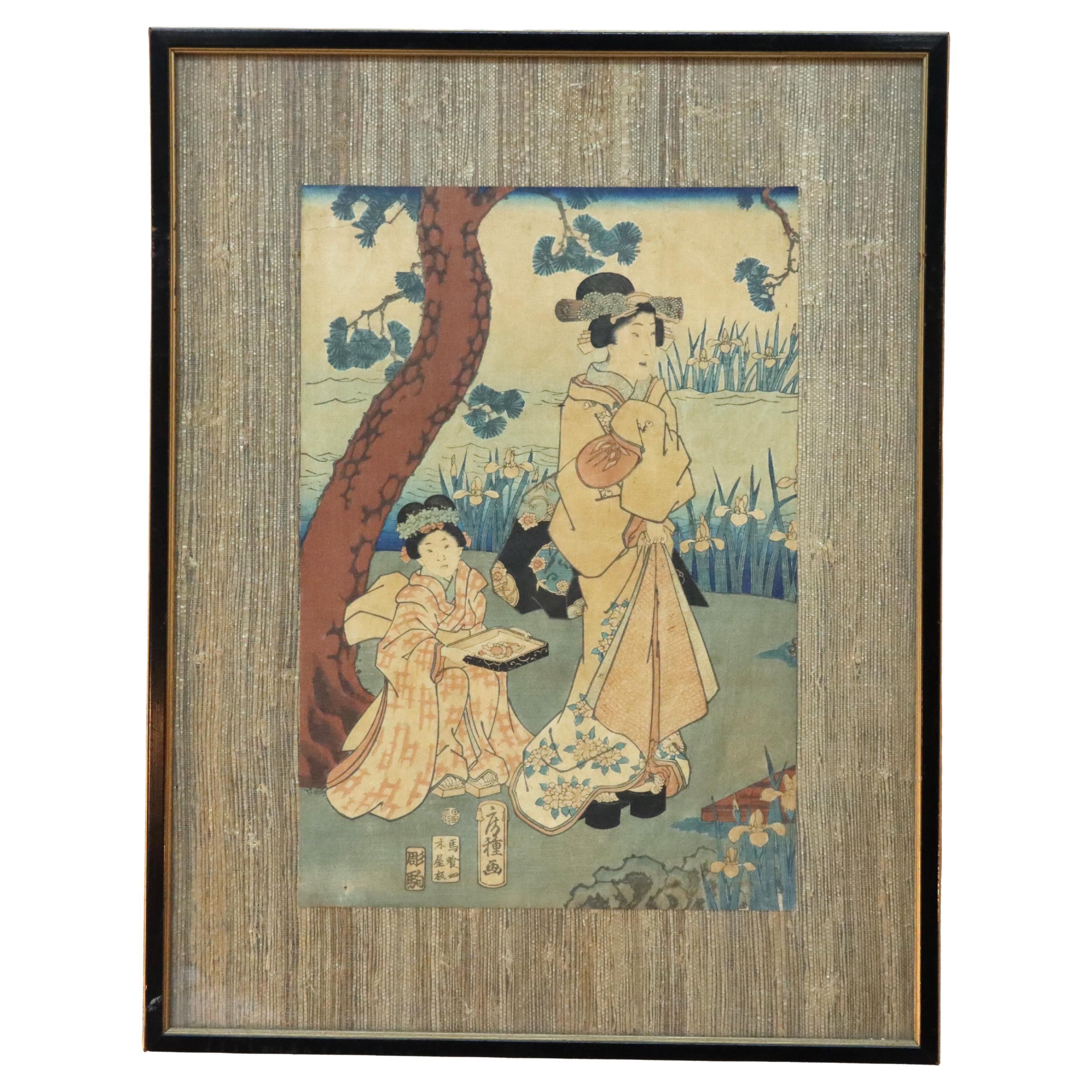 Ancienne gravure sur bois japonaise de 2 femmes signée par Utagawa Kurisa