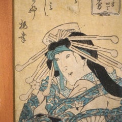 Antiker japanischer Holzschnitt mit Porträtdruck von Kunisada, gerahmt, um 1920